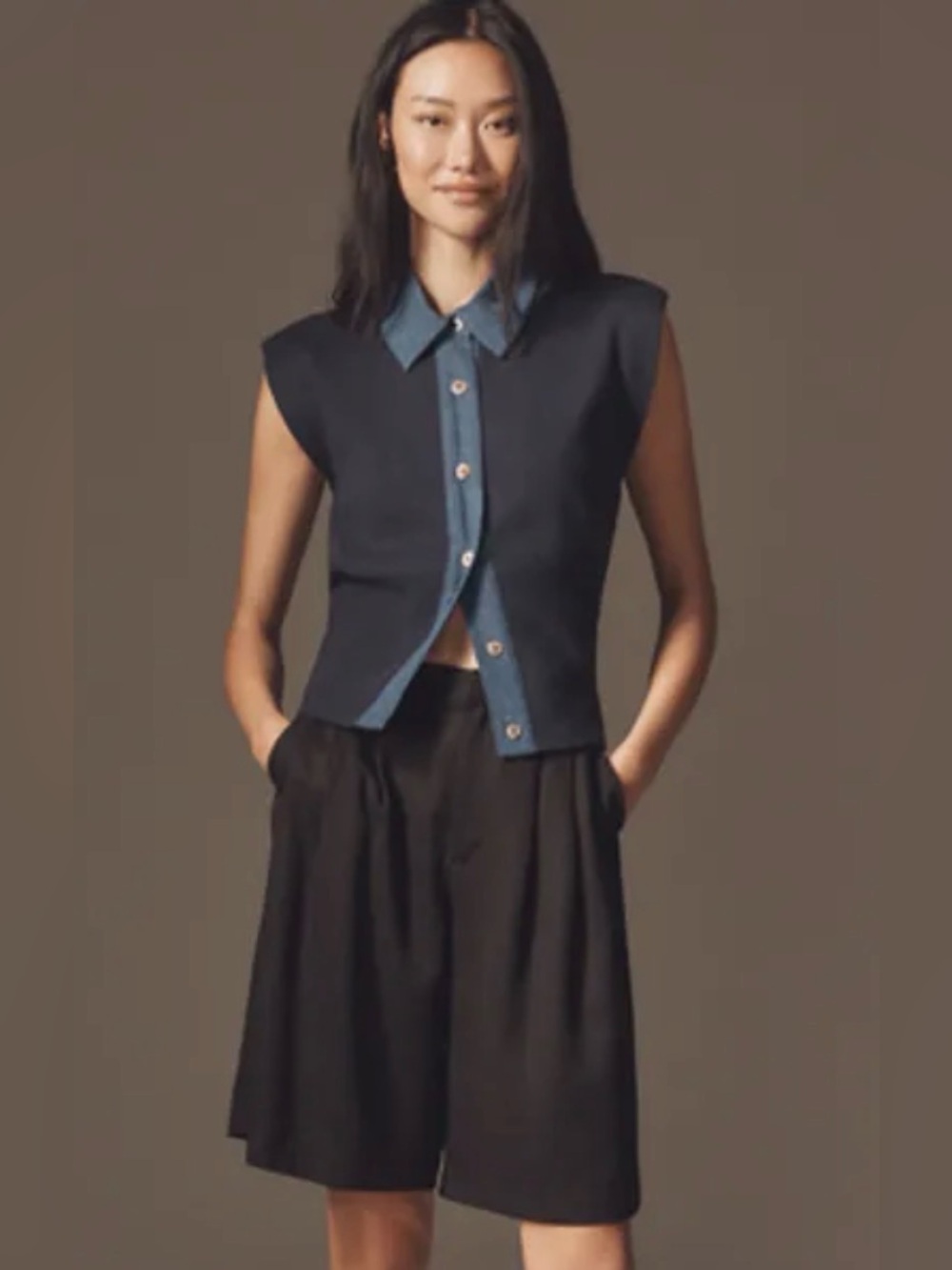 Maeve by Anthropologie Mixed Media Knit & Denim Top Medium Navy Preppy Classic